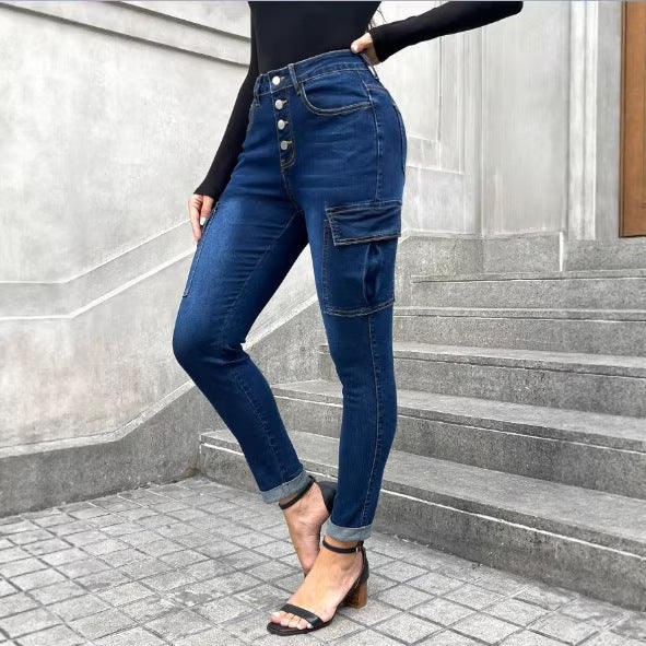 Damen Taillenformende Slim-Cargo-Jeans mit dekorischer Knopfleiste Echo Archiv