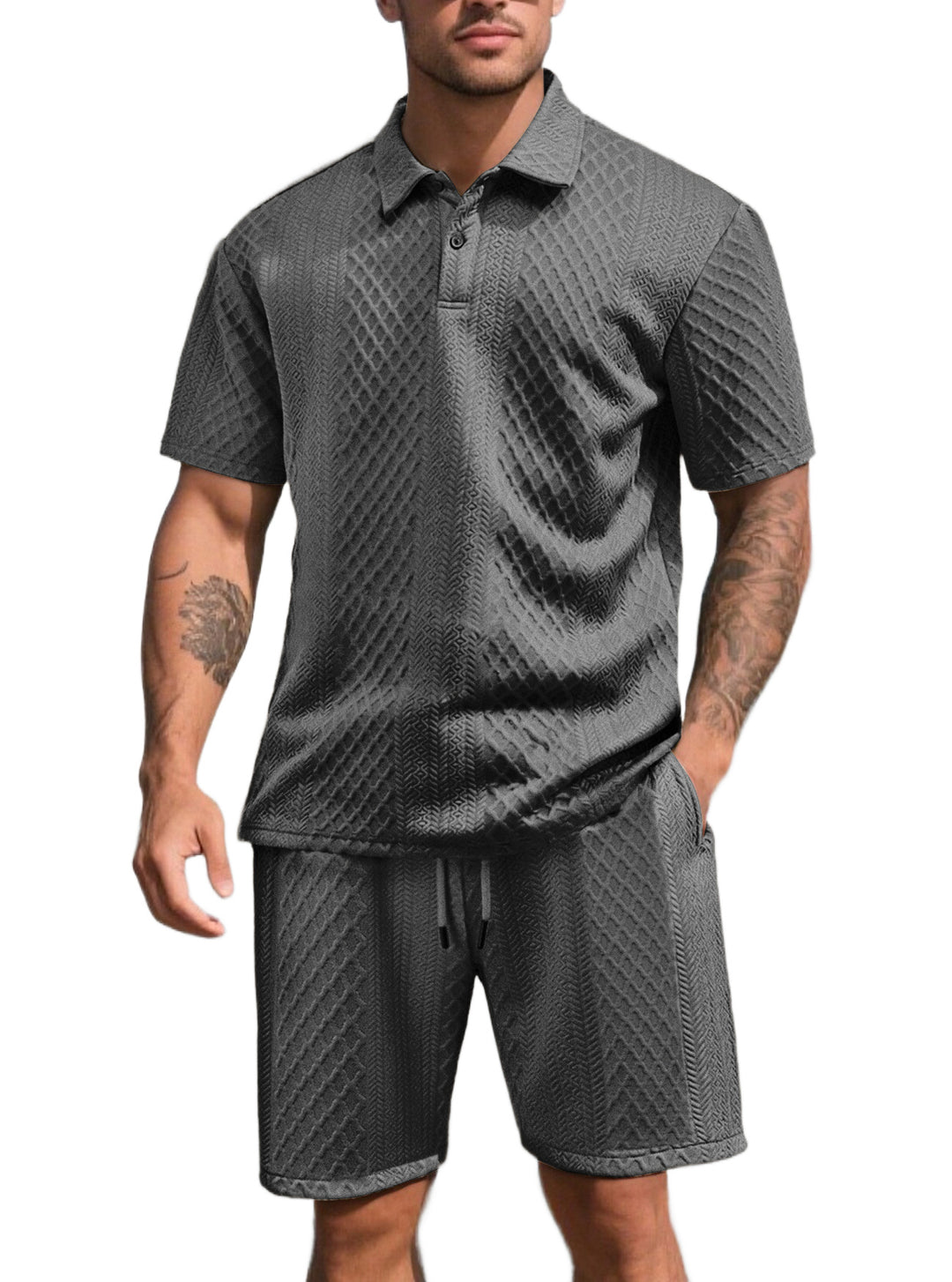 Herren nan dreidimensionales Relief-Freizeit-Set mit Polokragen, verdeckter Knopfleiste und elastischer Tunnelzugshorts Echo Archiv