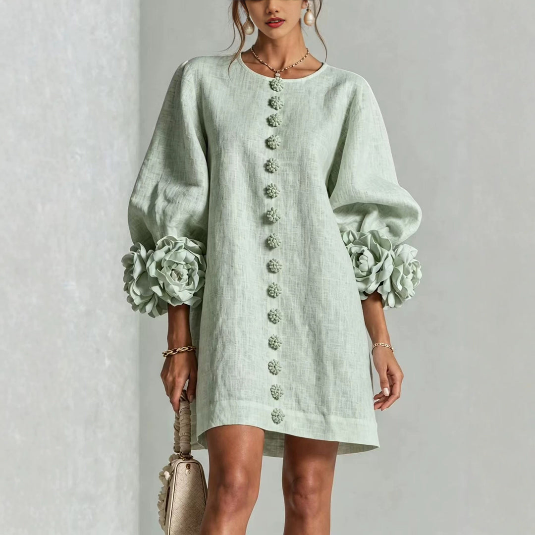 Damen Midikleid mit voluminösen Puffärmeln, 3D-Blütenknopfleiste und Leinenstruktur Echoarchiv