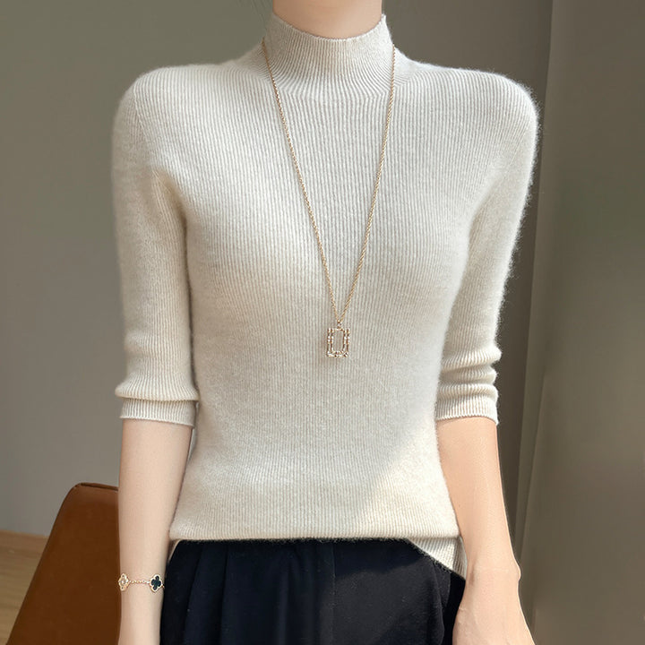 Damen Kurzarm-Mockneck-Pullover mit flauschiger Angora‑Optik Echoarchiv