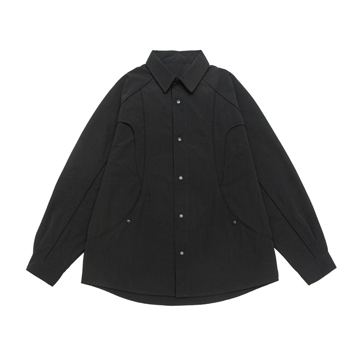 Damen Oversize-Hemdjacke mit abgerundeten Eingrifftaschen und Druckknöpfen Echoarchiv