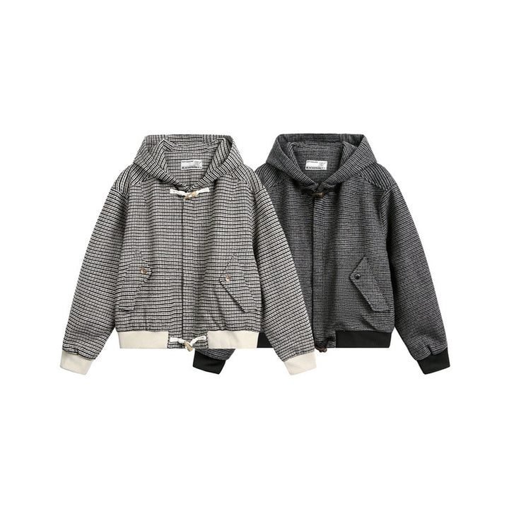 Unisex Kurz geschnittener Kapuzen-Blousonjacke im Strukturmix mit Knebelverschluss und Rippbündchen Echoarchiv