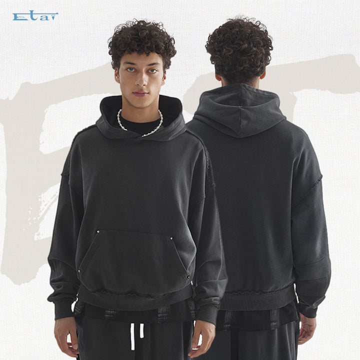 Unisex Oversized Kapuzenpullover mit ausgefranstem Saum, Kängurutasche und verwaschenem Bleicheffekt Echo Archiv
