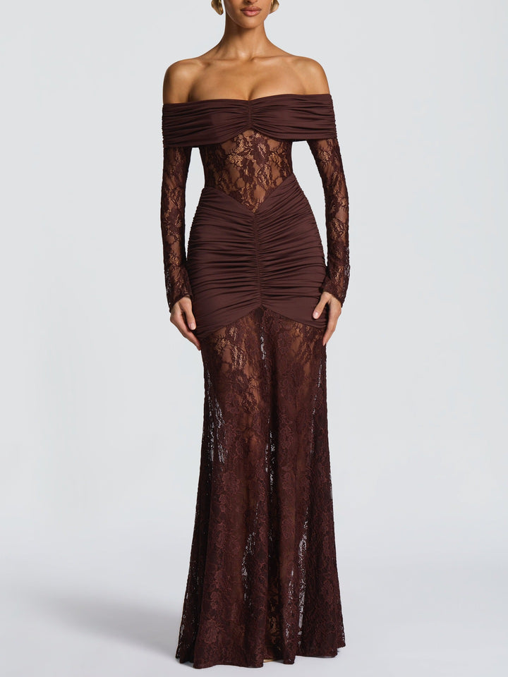Damen Elegantes Spitzen-Maxikleid mit elegantem Off-Shoulder Design und Raffungen Echo Archiv