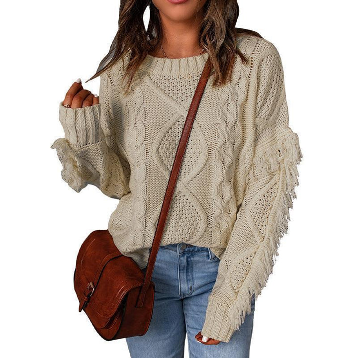 Damen Grobstrick-Pullover mit Zopfstruktur, fransigen Ärmeln und legerer Oversize-Passform Echo Archiv