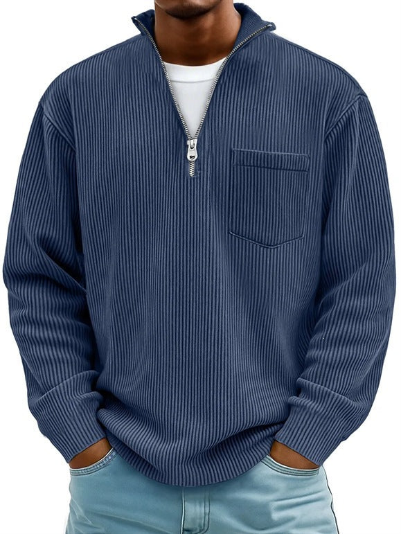 Herren Rippstrickpullover mit kurzem Reißverschluss und Brusttasche EB