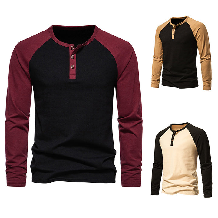 Herren Langarm-Henley-Shirt mit kontrastierenden Ärmel und modischem Knopfdesign Echoarchiv