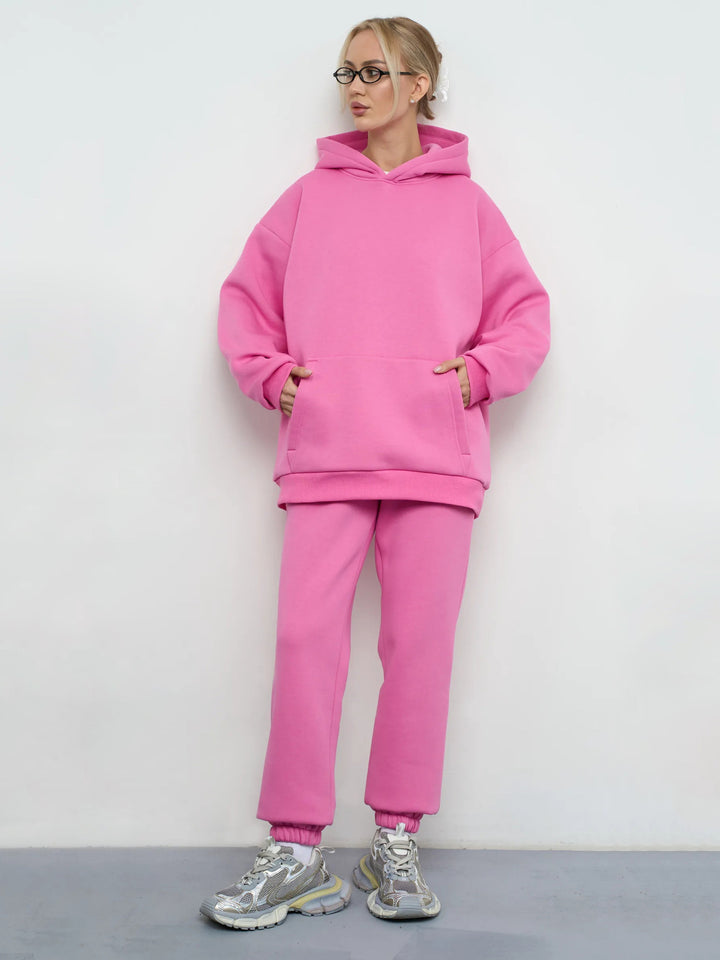 Damen lässiges Kapuzen-Sweatset aus schwerer Baumwollfleece mit Kängurutasche und gerader Jogginghose – Auréline