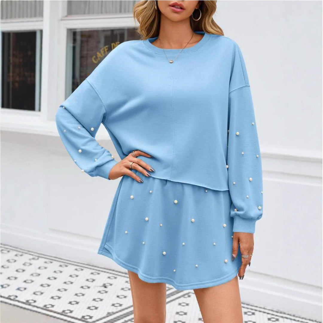 Damen nan perlenbesetztes Sweat-Set mit überschnittenem Pullover und ausgestelltem Minirock Echo Archiv