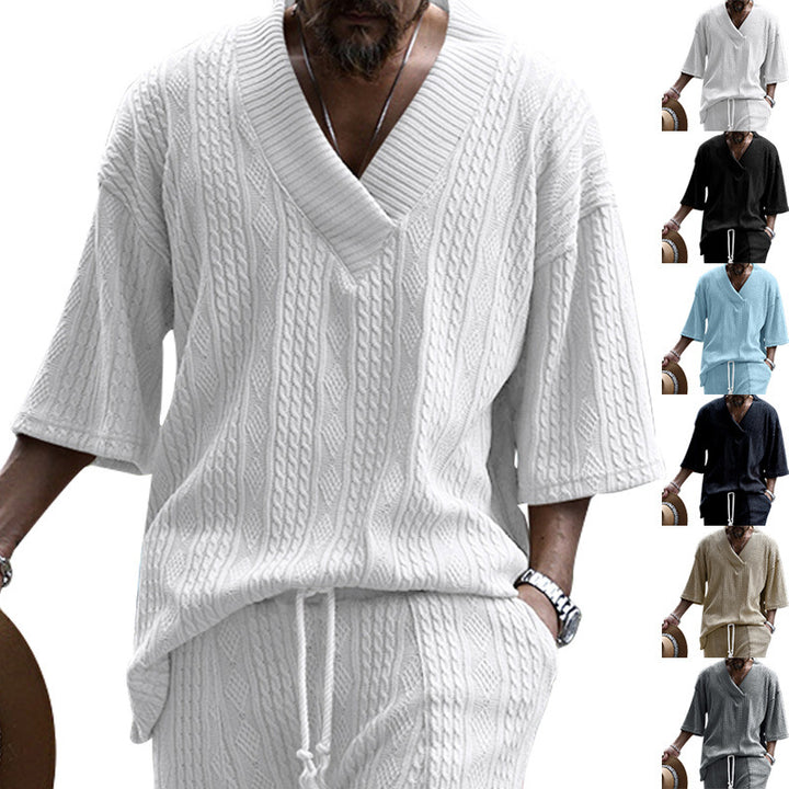 Damen nan Kurzarm-Strickpullover im weiten Schnitt mit tiefem V-Kragen und Zopfmuster Echo Archiv