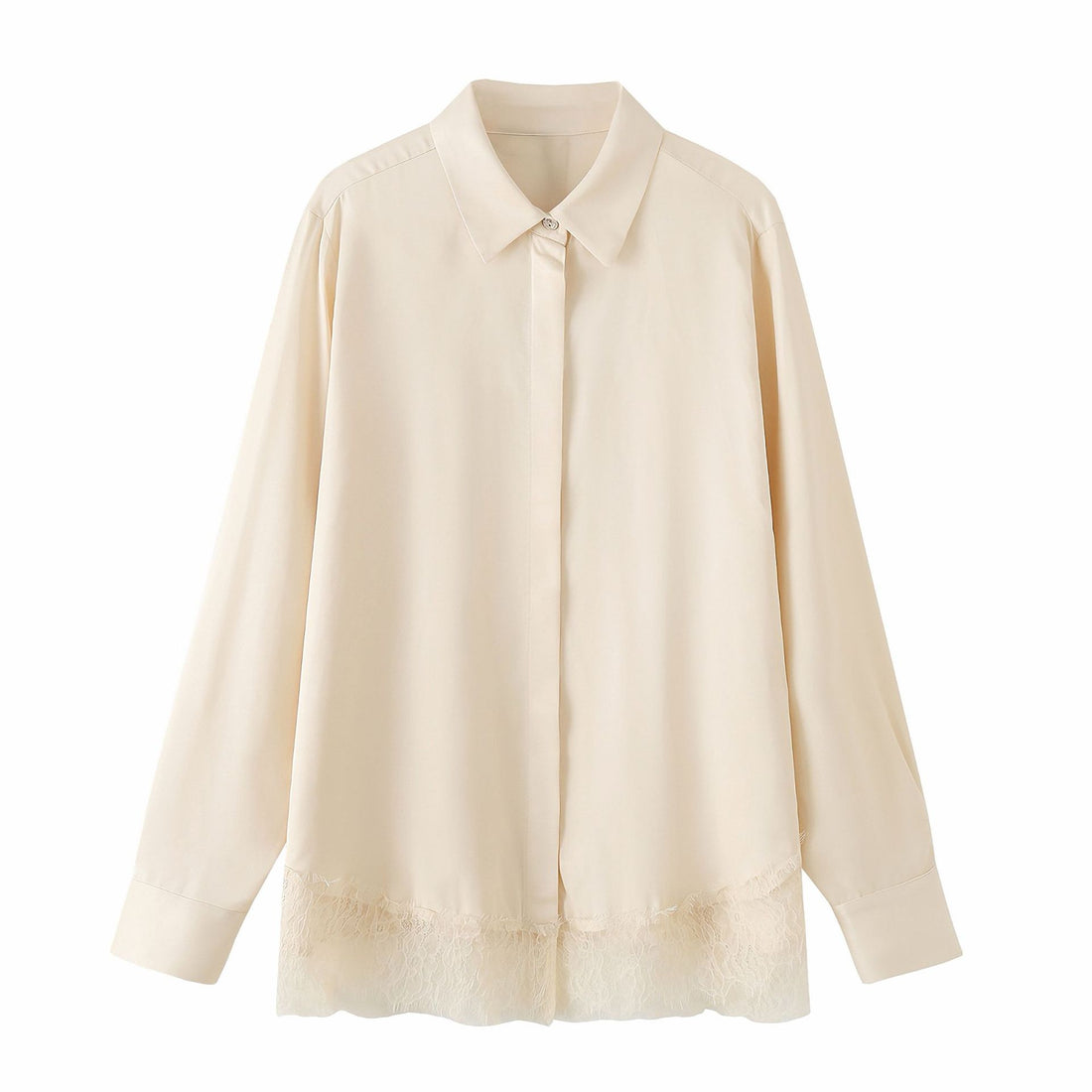 Damen Oversize-Bluse mit verdeckter Knopfleiste und Spitzenabschluss Echoarchiv