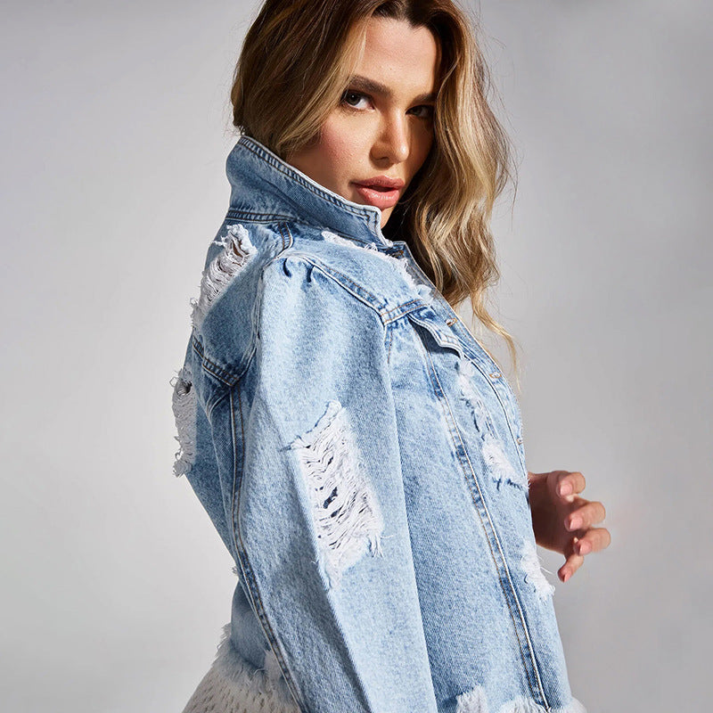 Damen Kurze Distressed Jeansjacke mit Fransen und Used‑Effekt Echo Archiv