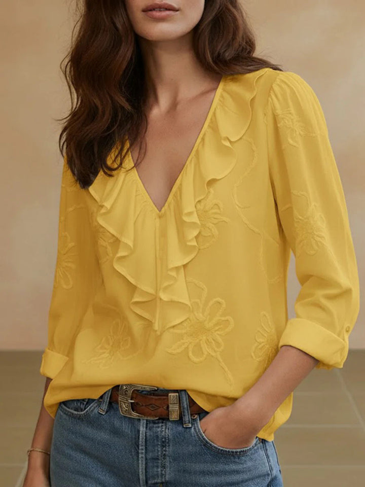 Damen elegante Bluse mit Volant und floralem Stickmuster Echo Archiv
