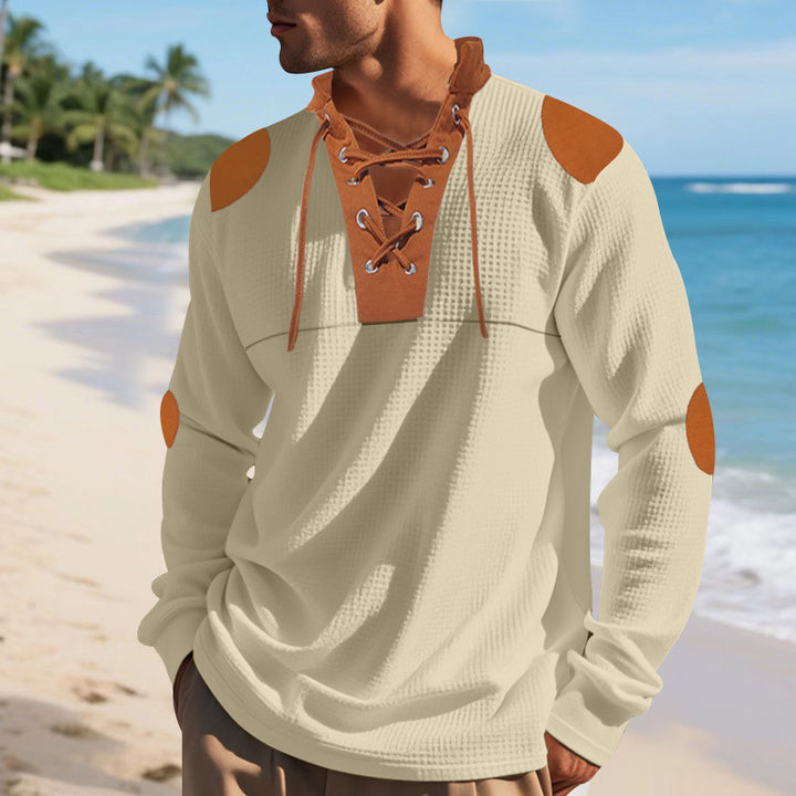 Herren lässiges Langarm-Henley-Shirt mit ausgefallenem Schnürdesign und kontrastrierenden Ellenbogen-Patches Echoarchiv