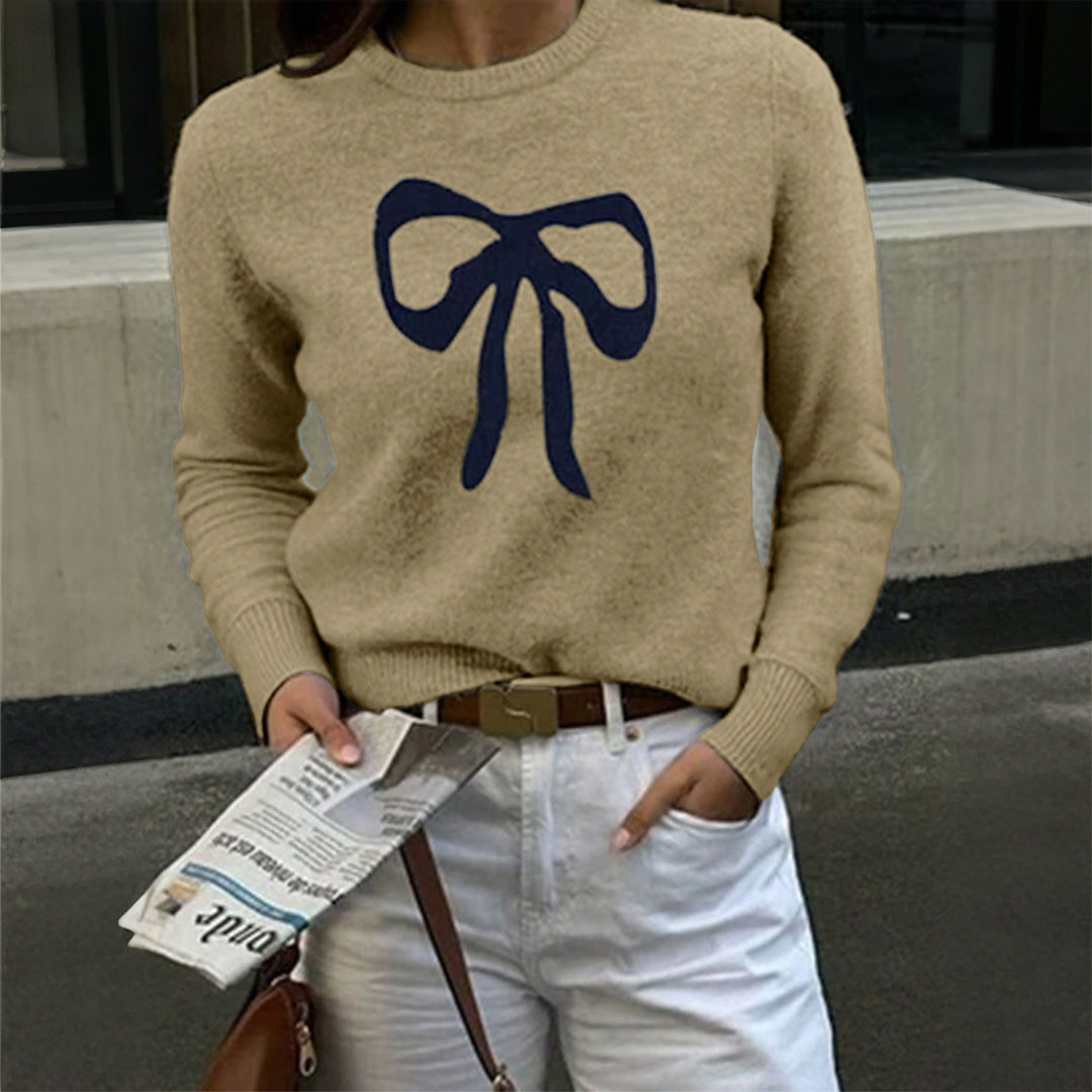 Damen Feinstrickpullover mit großem Schleifenprint, Rundhalsausschnitt und schmaler Passform – Mavelle