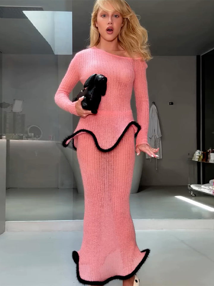 Damen Figurbetontes langes Rippstrick-Kleid mit asymmetrischem Ausschnitt, Volant‑Peplum und kontrastierender Kederkante Echoarchiv