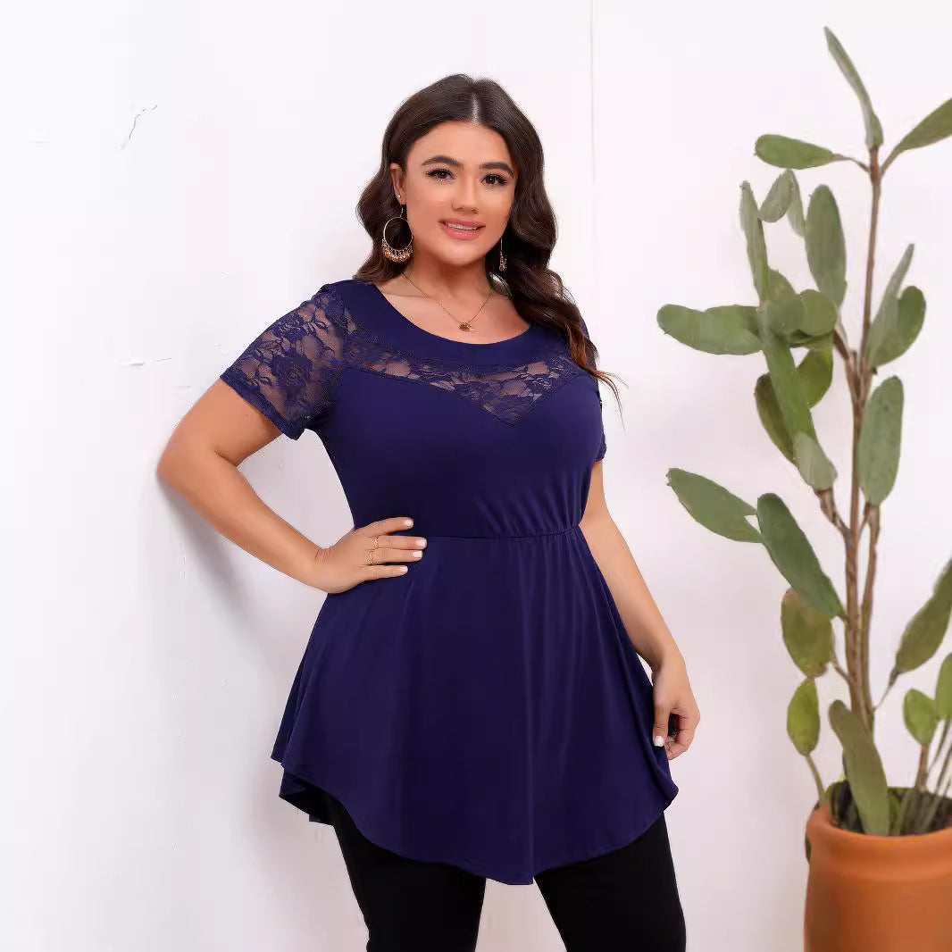 Damen lässiges T-Shirt mit Spitzenärmeln und figurumspielendem Schnitt Echo Archiv