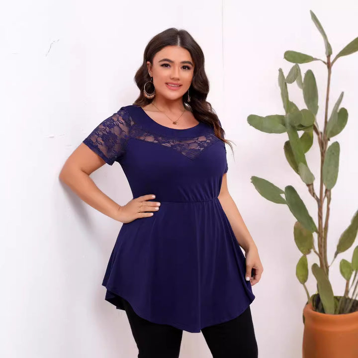 Damen lässiges T-Shirt mit Spitzenärmeln und figurumspielendem Schnitt Echo Archiv