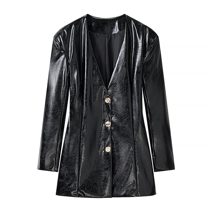 Damen Lackblazer-Minikleid mit taillierten Abnähern und goldenen Zierknöpfen Echo Archiv