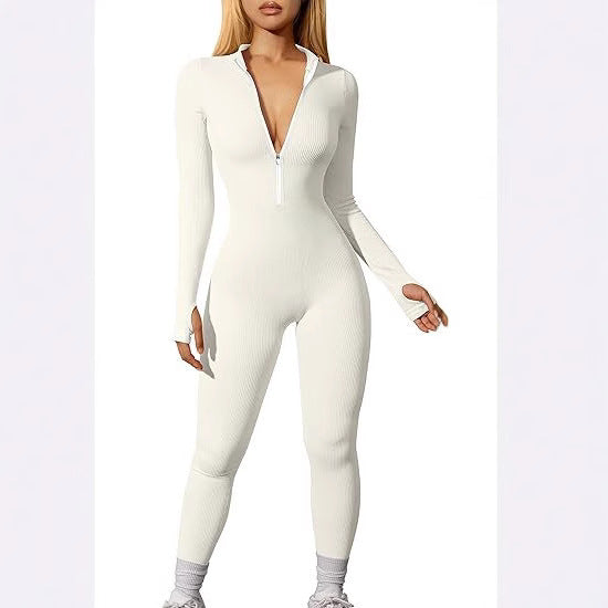 Damen nan figurbetonter Ripp-Jumpsuit mit hohem Halsausschnitt, langem Arm und sculptender Nahtführung Echo Archiv