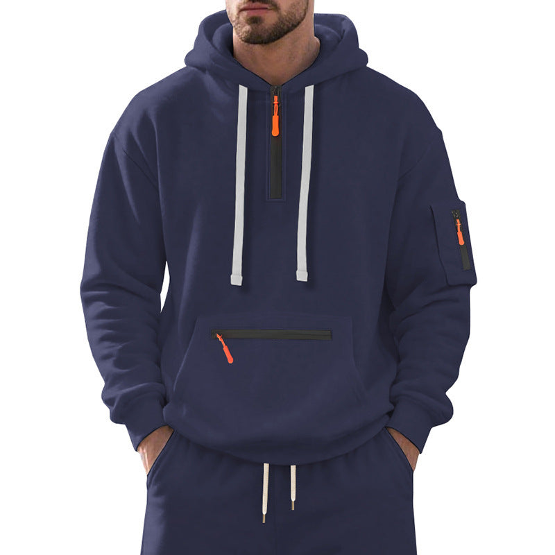 Herren Oversize-Kapuzenpullover mit halbem Reißverschluss, Kängurutasche mit Reißverschluss und Ärmel-Pocket Echoarchiv