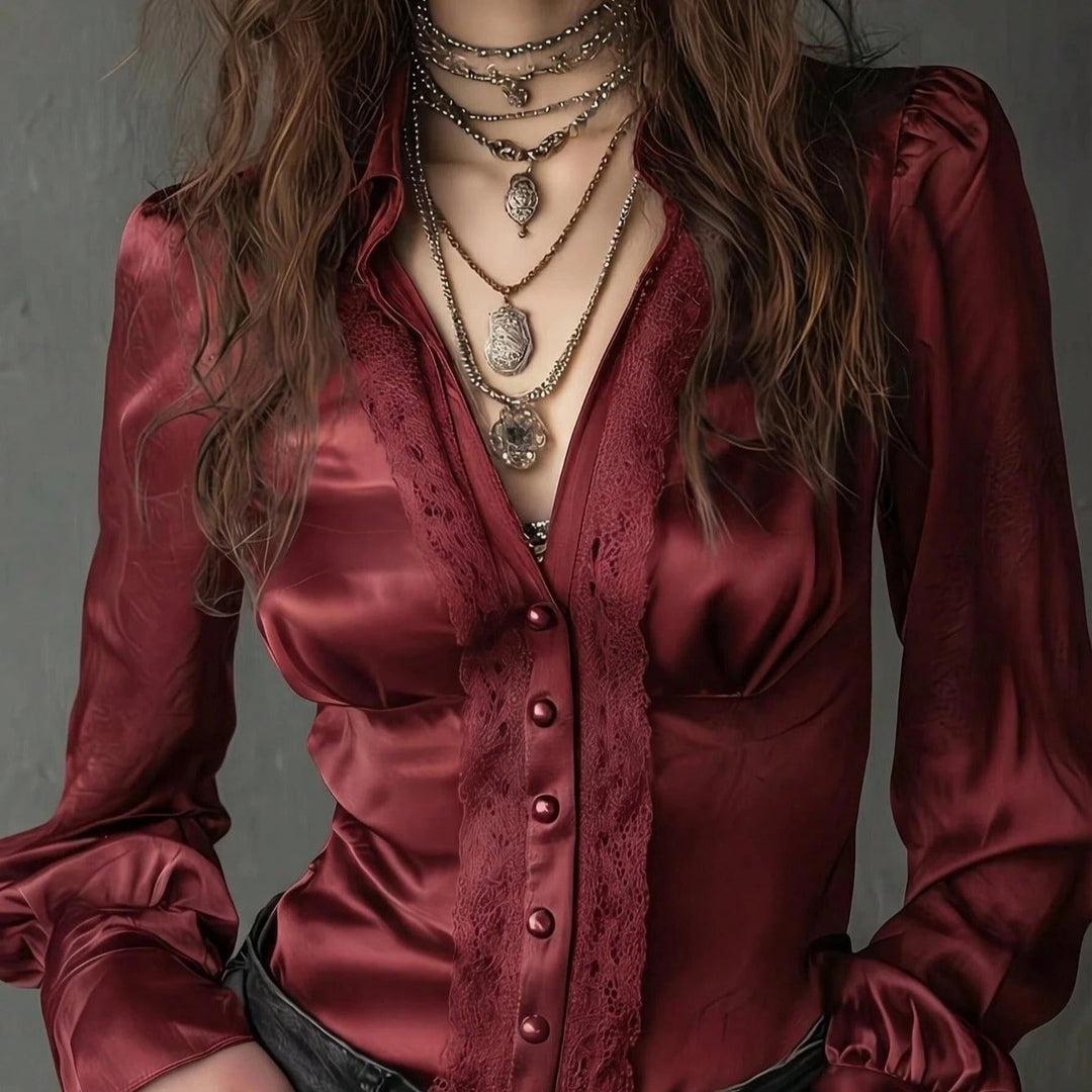 Damen Taillierte Satinbluse mit Spitzenpasse, Knopfleiste und Puffärmeln Echo Archiv