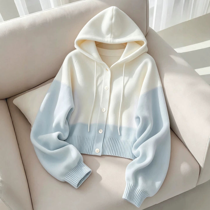 Damen Kapuzen-Strickcardigan mit Knopfleiste, geripptem Bund und Oversize-Ärmeln – Auréline