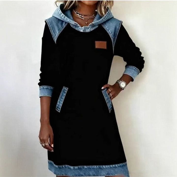 Damen nan Kapuzen-Sweatkleid mit Jeans-Applikationen, Kängurutaschen und lässigem Schnitt Echo Archiv