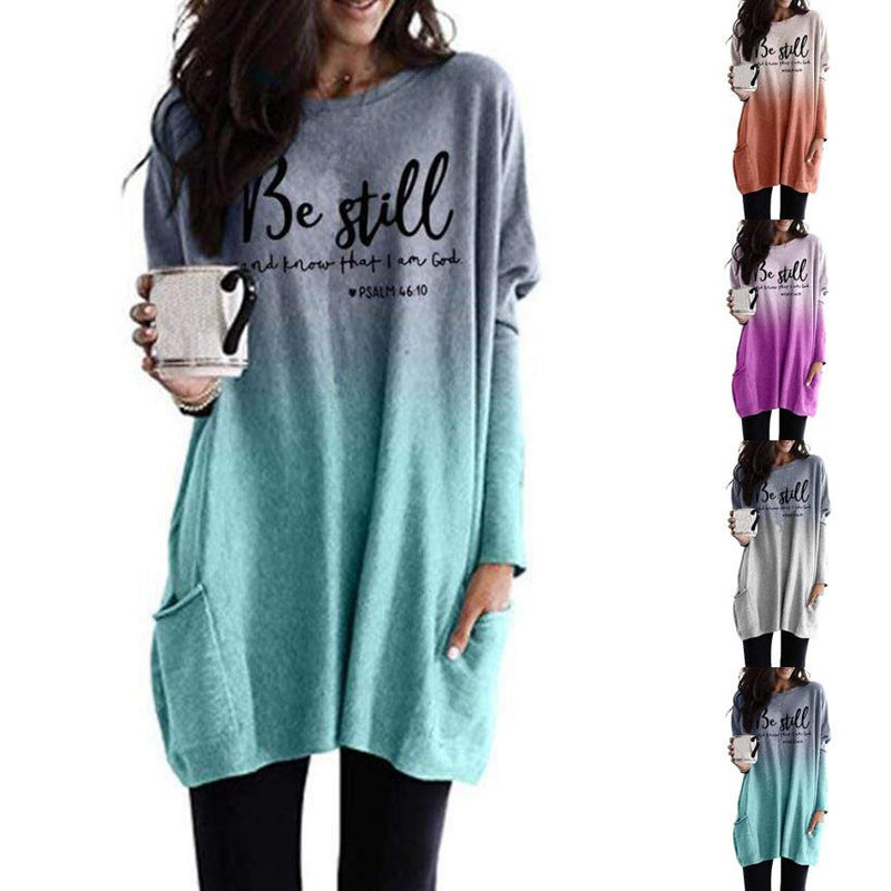 Damen Oversize Druck Tunika mit Rundhalsausschnitt, Seitentaschen und Ombre-Gradient-Druce – Avérine