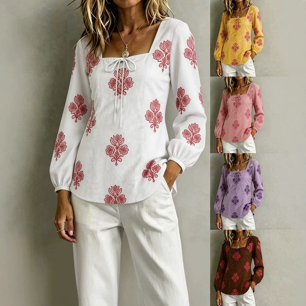 Damen Bestickte Tunika-Bluse mit quadratischem Ausschnitt und femininen Ballonärmeln – Élovi