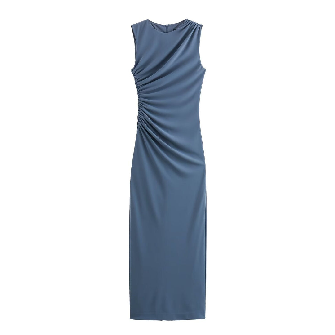 Echoarchiv | Einfarbiges Rundhalsausschnitt Ärmelloses Faltendes Slim Fit Kleid