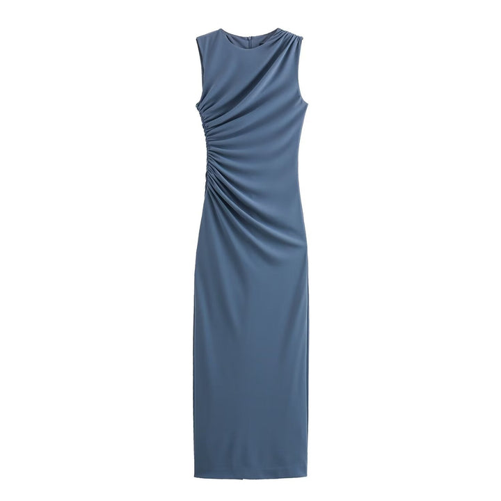 Echoarchiv | Einfarbiges Rundhalsausschnitt Ärmelloses Faltendes Slim Fit Kleid