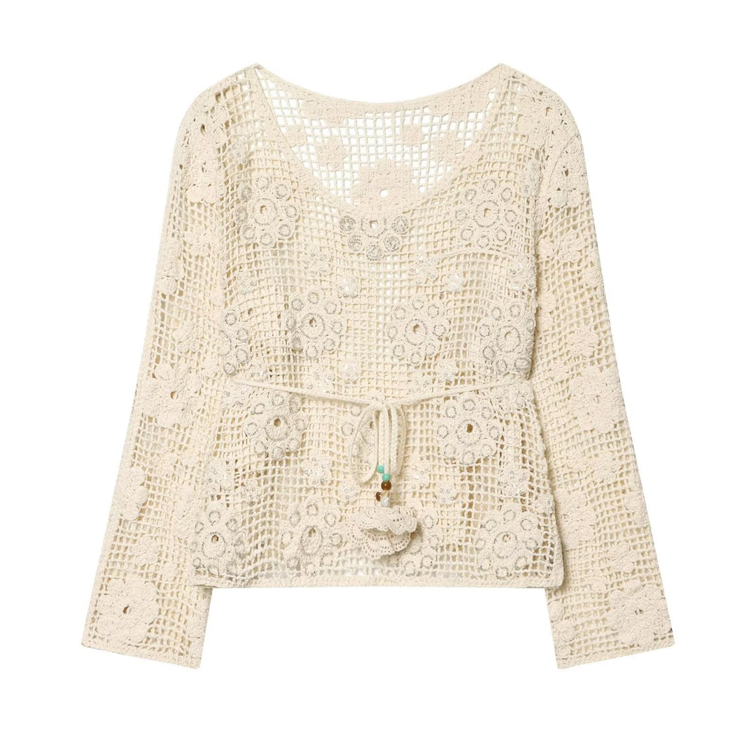 Damen Häkelpullover mit Blumen-Applikationen und Tunnelzug Echoarchiv