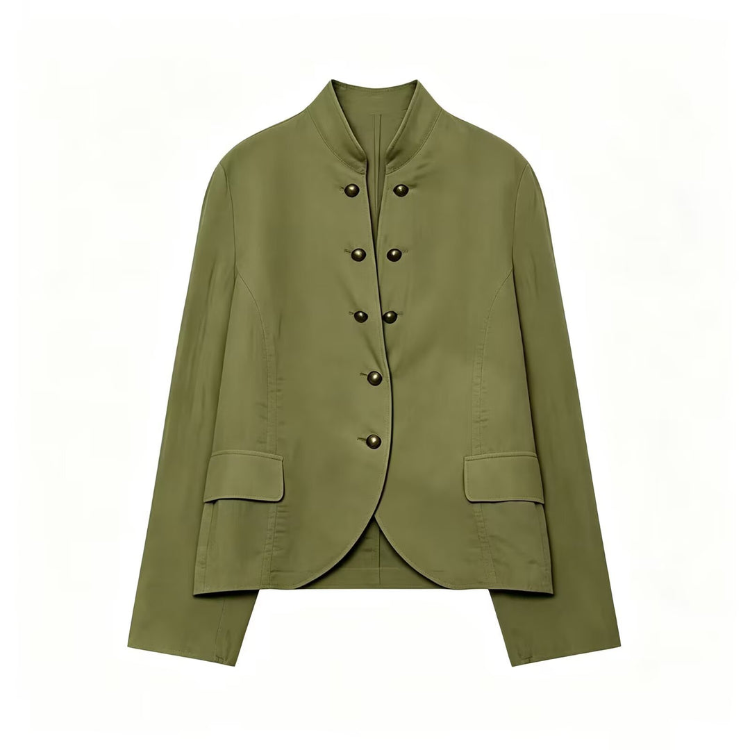 Damen Elegante Kurzjacke mit Stehkragen, Zierriegelknöpfen und Pattentaschen Echo Archiv