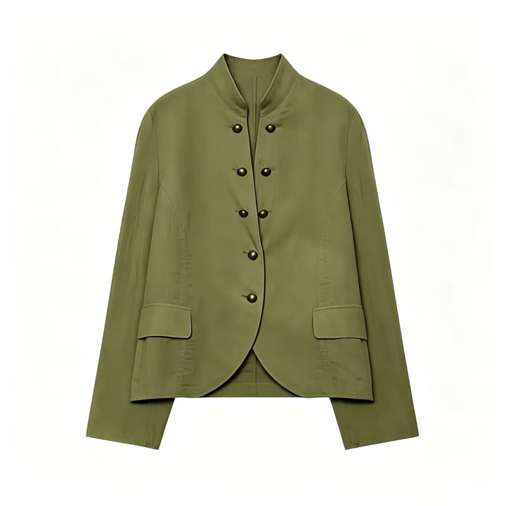Damen Elegante Kurzjacke mit Stehkragen, Zierriegelknöpfen und Pattentaschen Echo Archiv