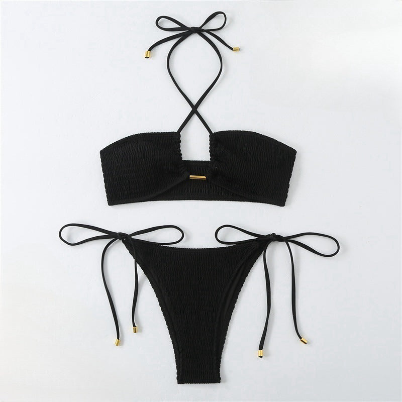 Damen Bikini-Set mit gerafftem Bandeau-Oberteil und hoch geschnittenen Höschen Echo Archiv