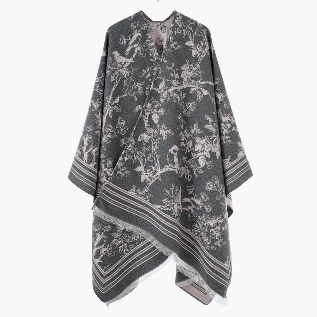Damen Offener Jacquard‑Kaftanponcho mit Vogel‑ und Blumenmotiv – Célinea