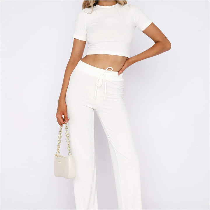 Damen Geripptes Crop-Set aus Stretch‑Jersey mit taillenhoher Kordel-Hose – Élanora
