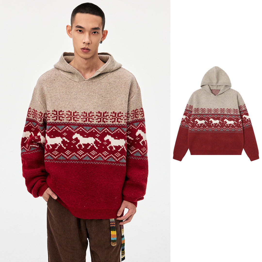 Damen Gemütlicher Grobstrickpullover mit Kapuze und Pferdemotiv Echoarchiv