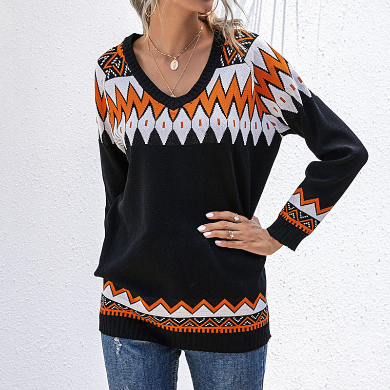 Damen Oversize Strickpullover mit geometrischem Aztekenmuster und asymmetrischem schulterfreiem Ausschnitt Echoarchiv