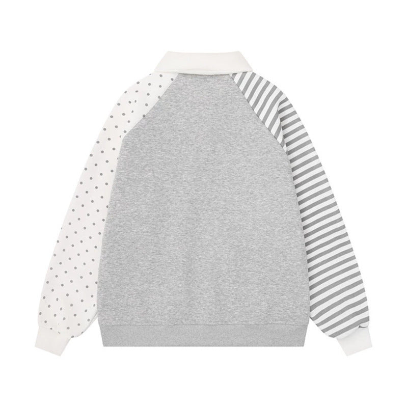 Damen Langarm-Polo-Sweatshirt im Patchwork-Stil mit kontrastierenden Ärmeln und Stern-Applikationen Echoarchiv