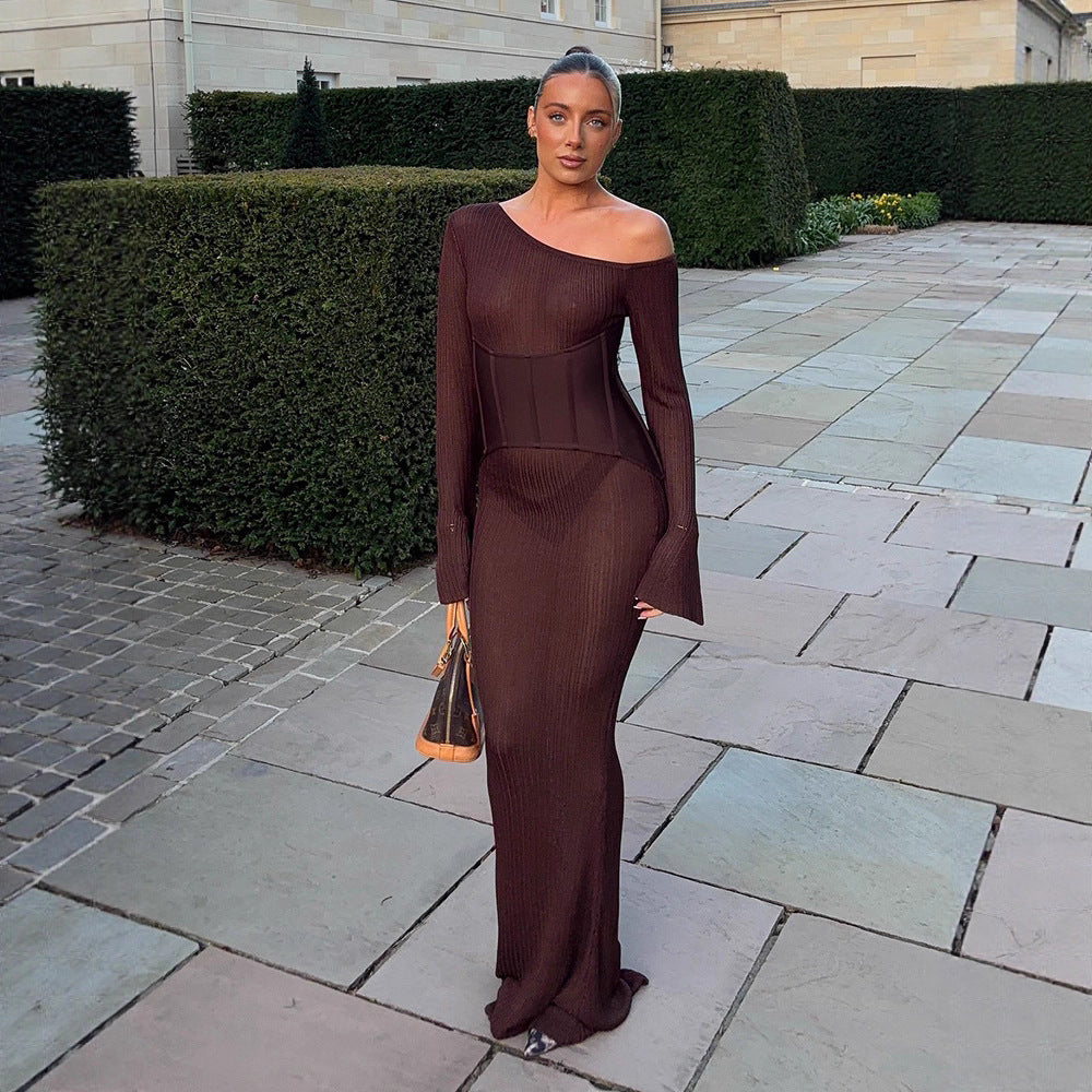 Damen One-Shoulder Maxikleid mit formendem Korsettbund und Rippstrick Echoarchiv