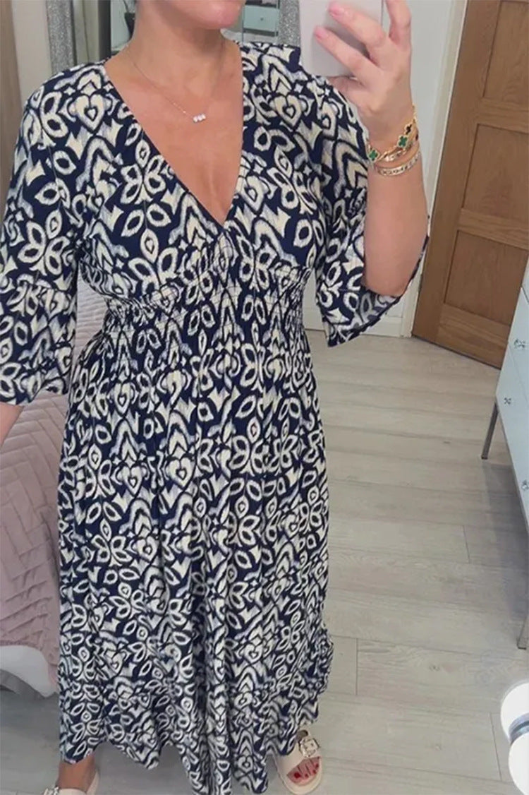 Damen Boho‑Maxikleid mit Smoktaillenband, Wickeloptik‑Dekolleté und Volantärmeln – Valéora
