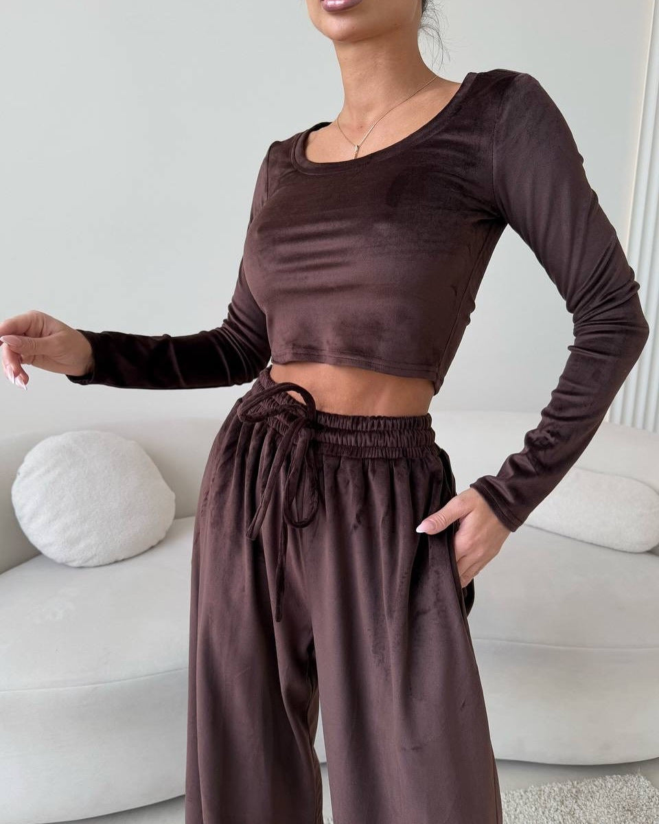 Damen Samt-Loungewear-Set mit Cropped-Langarmshirt und hoher Taillen-Palazzohose – Élanora