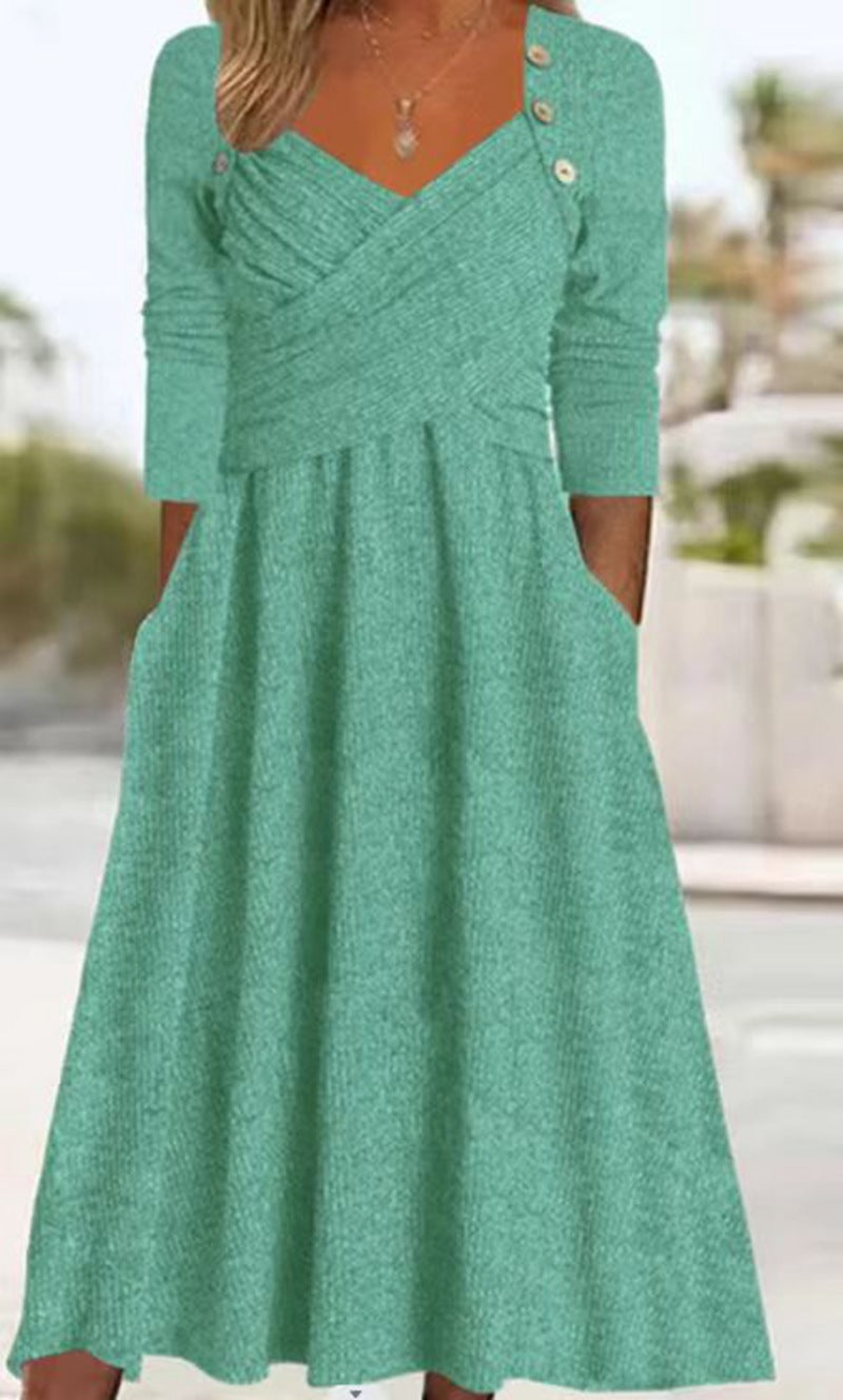 Damen nan legeres Strick-Maxikleid mit Wickeloberteil V-Ausschnitt Eingrifftaschen und Zierknopfleiste Echo Archiv