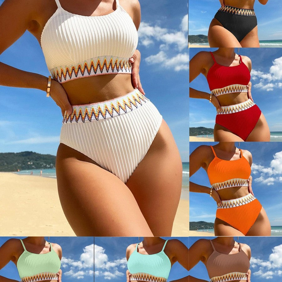 Damen Hochtailliertes Bikini-Set mit modischem Rippdesign und buntem Akzent Echo Archiv