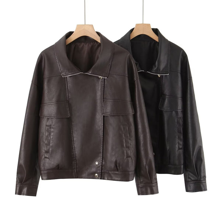 Damen Oversized Kunstleder-Blousonjacke mit asymmetrischem Reißverschluss und Pattentaschen Echo Archiv