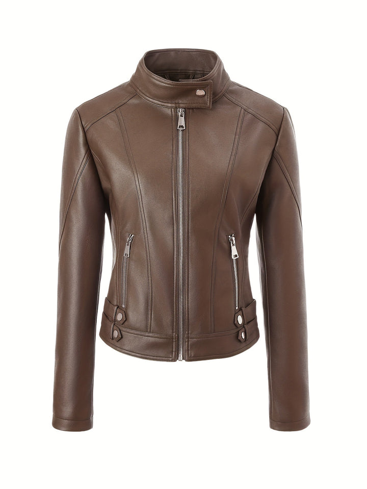 Damen Modische Kunstlederjacke mit Reißverschluss und seitlichen Taschen – Célinea