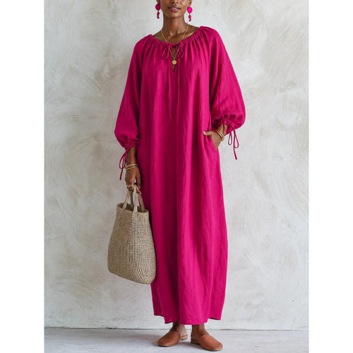 Damen Luftiges Leinenoptik-Maxikleid mit Kordelkragen, Ballonärmeln und Eingrifftaschen – Valéora