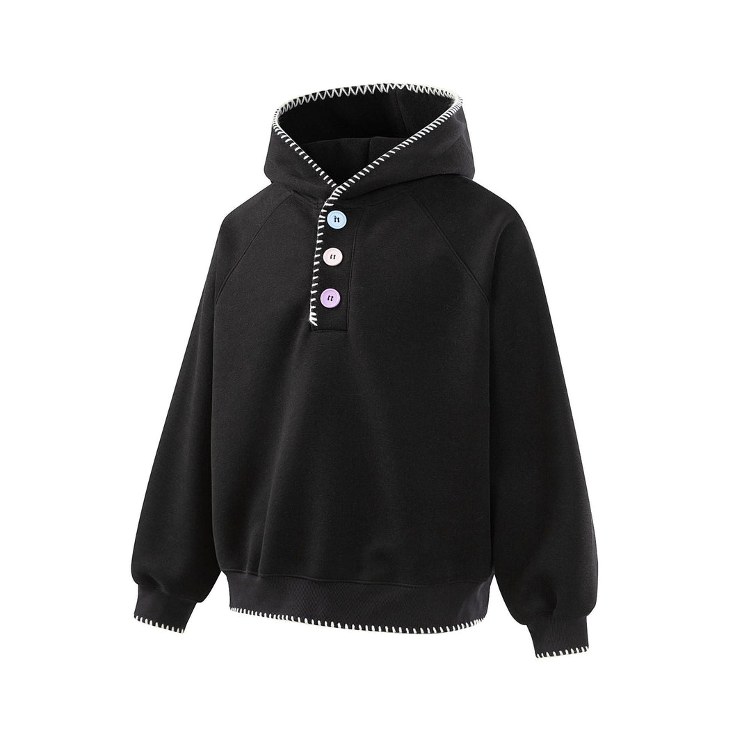 Damen Kapuzenpullover mit halber Knopfleiste, dekorativer Sattelnaht und Oversize-Schnitt Echoarchiv